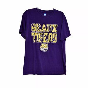 GEAUX Tigers Mens Purple T Shirt Graphic Logo Round Neck Pullover Short Sleeve L